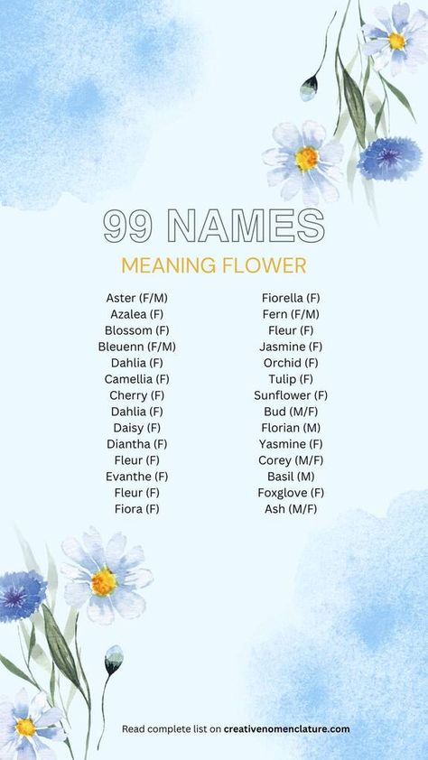 99 Flower Names For Girls & Boys - Creative Nomenclature Flower Names For Boys, Pretty Flower Names, Flower Names For Girls, Middle Names For Girls, Rare Names, Names For Girls, Names For Boys, Picking Flowers, Jasmine Flower