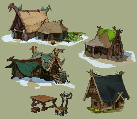 Viking House Concept Art, Viking Hut, Viking Architecture, Village Drawing, Nordic Architecture, Viking House, Art Viking, Fantasy Buildings, Viking Village