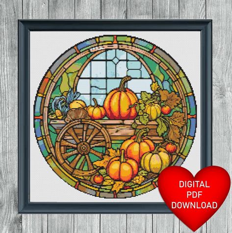 Pumpkin Cart, Glass Style, Dmc Floss, Patterned Sheets, Extra Fabric, Glass Window, Cross Stitch Pattern, Pdf Pattern, Stitch Pattern