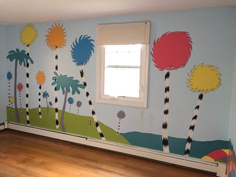 Dr Suess Mural Dr Suess Nursery Ideas, Dr Seuss Mural, Dr Suess Nursery, Downstairs Ideas, People Artwork, Dr Suess Baby, Quirky Artwork, Bathroom Mural, Dr. Seuss