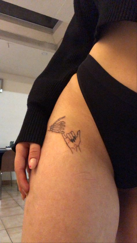 Skeleton Hand Holding Hand Tattoo, Women’s Skeleton Tattoo, Hold On Tattoo Ideas, Two Skeleton Hands Tattoo, Anatomy Tattoos For Women, Skeleton Back Tattoo Women, Skeleton And Hand Tattoo, Pinkies Holding Tattoo, Skeleton Line Tattoo