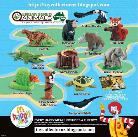 McDonalds Endangered Animals Happy Meal Toys 2010 Dino Food, Estuarine Crocodile, Ruffed Lemur, Mcdonalds Happy Meal Toys, Andean Condor, White Rhinoceros, Best Christmas Toys, Sumatran Tiger, Australia Animals