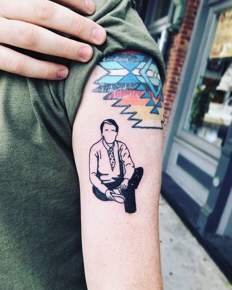 Minimalist Mr. Rogers done by Jon Larson at Ybor City Tattoo Company in Tampa Florida Japanese tattoo sleeve Mister Rogers Tattoo, Mr Rogers Tattoo Ideas, Mr Rogers Tattoo, African American Tattoos, Viking Bear, Tattooed Woman, Mister Rogers, Army Tattoos, Trendy Stuff