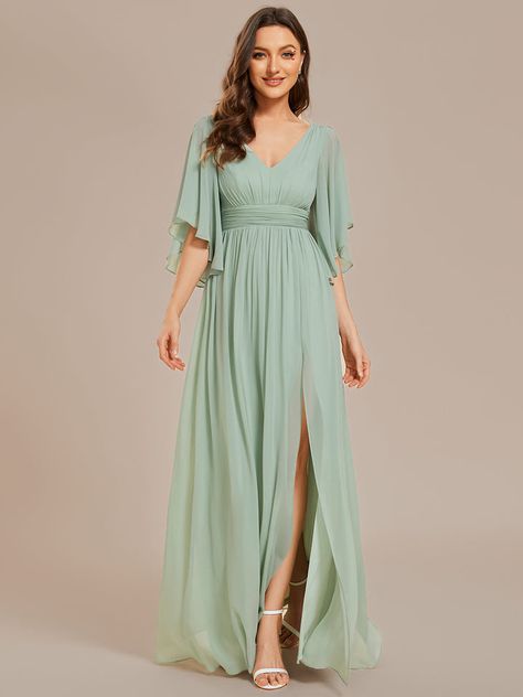 Mint Sage Green Bridesmaid Dresses, Mint Long Sleeve Dress, Mint Green Wedding Dress, Western Long Dresses, Mint Green Bridesmaid Dresses, Bridesmaid Gown Chiffon, Evening Gala, Graceful Movement, Bridesmaid Dresses With Sleeves