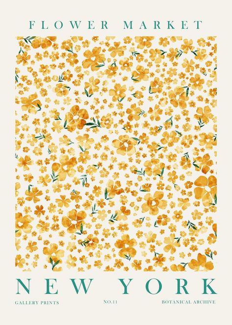 Discover the timeless elegance of the "Flower Market New York" poster. This vibrant and delicate floral design captures the essence of a New York flower market with its warm, welcoming hues. Flowers in golden shades create a harmonious pattern, bringing a touch of freshness and nature to your interior. Ideal for brightening up any space, this poster adds an artistic and joyful note to your decoration. The watercolor style of the illustration offers a soft and refined texture, perfect for a living room, bedroom or even an office. Bring a breath of spring into your home with this unique piece that combines both modernity and classic charm. Whether you are in New York or elsewhere, this poster transports you to the heart of a flower market, filling your space with beauty and serenity. The pos Flower Market New York, New York Flower, The Flower Market, Market Poster, Flower Market Poster, Paris Poster, New York Poster, Dorm Posters, Floral Poster