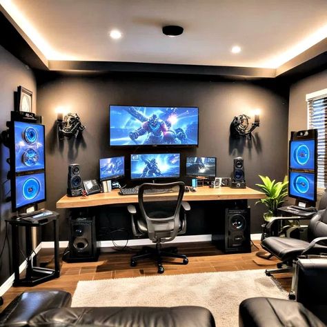 25 Cool Game Room Ideas for Every Gamer (2024) - Suite 101 Tv Above Gaming Setup, Ikea Gamer Room, Game Room Wall Color Ideas, Men Gaming Room, Ps5 Gaming Room, Home Office Game Room Combo, Streaming Room Design, Dark Gaming Setup, Tv Gaming Setup