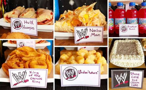 WWE Birthday Party | CatchMyParty.com Wrestling Party Ideas, Swim Party Cupcakes, Diy Wwe, Wrestling Birthday Cakes, Wrestling Birthday Parties, Wrestling Birthday, Wrestling Party, Wwe Birthday Party, Wwe Party