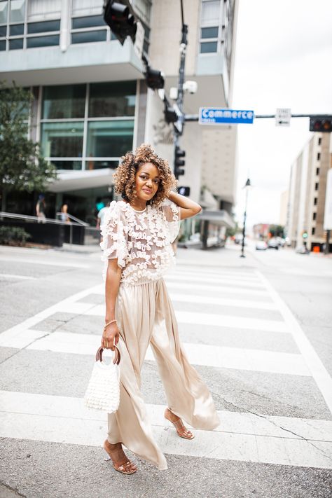 Summer Nude Outfit Idea: Zara Tulle Top & Gold Palazzo Pants Nude Outfit, Palazzo Pants Outfit, Striped Palazzo Pants, Nude Outfits, Summertime Outfits, Gold Pants, Tulle Top, Fashionable Snow Boots, Trendy Girl