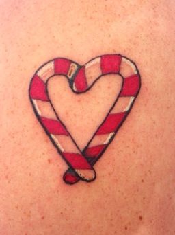 Candy Cane Heart Candy Cane Tattoo, Holiday Tattoos, Candy Cane Pie, Candy Cane Wreath Diy, Candy Cane Experiment, Fall Tattoo, Candy Cane Game, Christmas Tattoos, Candy Cane Coloring Page