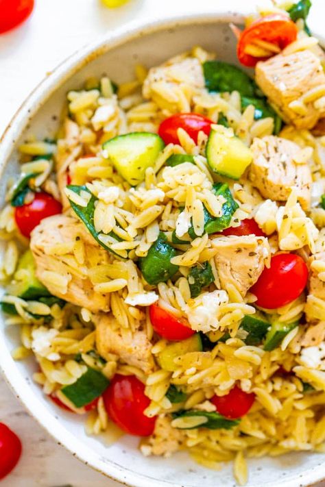 25-Minute Greek Lemon Chicken and Orzo - Averie Cooks Greek Chicken Orzo Bowl, Greek Turkey, Turkey Bowl, Lemon Orzo, Chicken Orzo, Greek Lemon Chicken, Greek Chicken, English Cucumber, Citrus Chicken