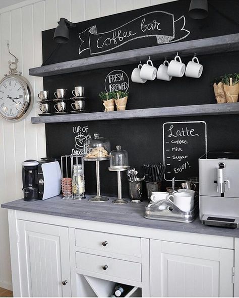 Black and white coffee bar design ideas. #balckandwhitecoffeebarideas Kaffe Bar, Coffee/wine Bar, Coin Café, Café Design, Coffee Bar Ideas, Diy Coffee Bar, Bar In Casa, Coffee Bar Design, Home Coffee Stations