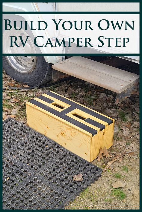 A motorhome with a single fold out step very high. A wood RV camper step below it, and a rubber mat on the ground. Overlaid text says Build Your Own RV Camper Step. Diy Camper Steps Ideas, Rv Diy Projects, Camper Steps, Rv Diy, Folding Campers, Horse Trailer Living Quarters, Trailer Living, Diy Rv, Easy Build