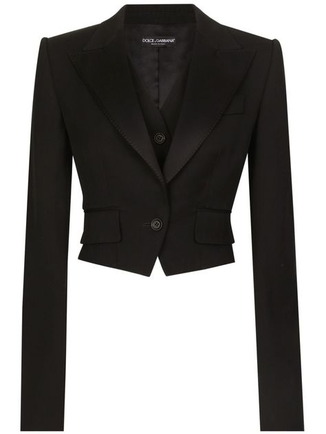 black virgin wool blend gabardine weave peak lapels long sleeves buttoned cuffs front button fastening faux pocket detail cropped satin lining internal vest Styling Jackets, Dress Reference, Dolce Gabbana Jacket, Online Closet, Wool Blend Jacket, Tuxedo Jacket, Cropped Blazer, Dolce E Gabbana, How To Make Shorts