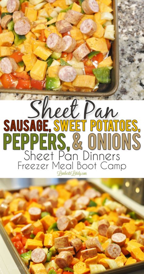 Sheet Pan Sausage, Sweet Potatoes, Peppers, & Onions is a colorful, healthy weeknight meal that's full of vegetables and flavor. Sheet pan dinners are such easy meals - they make for easy weeknight freezer meals too! Sheet Pan Sausage, Camping Meal Planning, Earthquake Cake, Sheet Pan Dinners Recipes, Delicious Clean Eating, Healthy Weeknight Meals, Pan Dinners, Freezer Meal, Vegetable Side