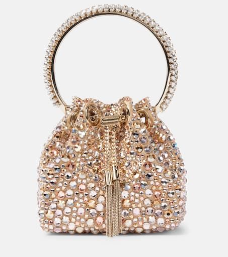 Bon Bon Micro embellished satin bucket bag in gold - Jimmy Choo | Mytheresa Jimmy Choo Bing, Fancy Purses, Prom Clutch, Bracelet Bag, Jimmy Choo Gold, Jimmy Choo Bag, Handbag Collection, Sequin Appliques, Satin Bags