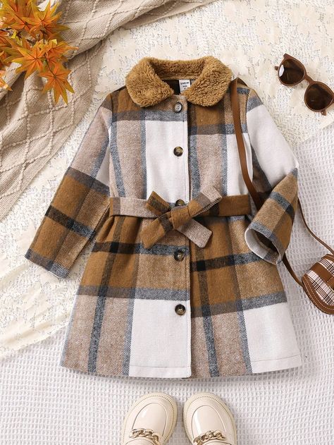 Khaki Casual Collar Long Sleeve Fabric Plaid Regular Embellished Non-Stretch  Young Girls Clothing Shein Kids, Woolen Coat, Lapel Collar, Girls Clothing, Toddler Girl, 20 Cm, Plaid, Collar, Long Sleeve