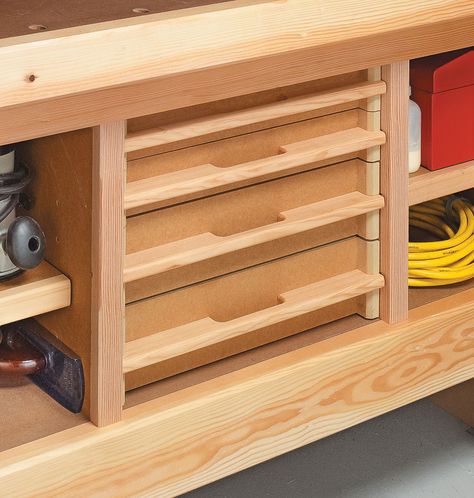 Workbench Storage System | Woodworking Project | Woodsmith Plans Wood Clamp Storage Cart, Building A Workbench Rockler Woodworking & Hardware, Shoe Rack Plans, Garage Workshop Layout Rockler Woodworking & Hardware, Garage Setup, Craftsman Table Saw Rockler Woodworking & Hardware, Workshop Storage Rockler Woodworking & Hardware, Workbench Storage, Woodsmith Plans