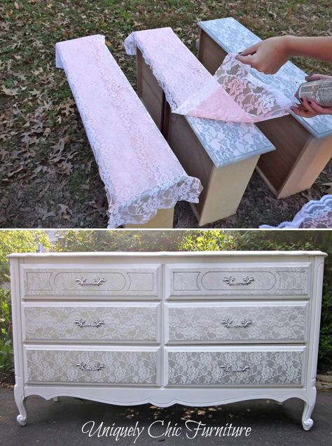 An Old Dresser Got a Stunning Lace Makeover  - http://www.amazinginteriordesign.com/old-dresser-got-stunning-lace-makeover/ Lace Painted Furniture, Shabby Chic Decorating, Lace Painting, Shabby Chic Dresser, Decor Shabby Chic, Diy Casa, Old Dressers, Shabby Chic Diy, Refurbished Furniture