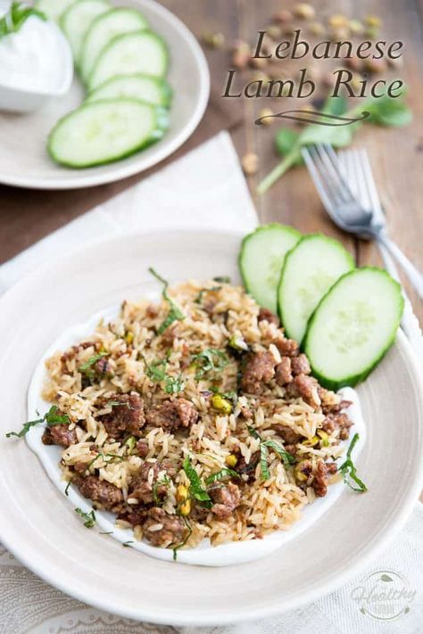 This fragrant Lebanese Lamb Rice dish gets served over a bed of tangy plain yogurt: a combination of flavors that will no doubt please your palate. Lamb And Rice, Ground Lamb Recipes, Rice Sides, Spicy Rice, Lamb Dishes, Middle Eastern Dishes, Chicken Biryani, Rice Dish, Ground Lamb