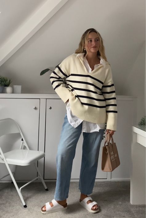 Collared Jumper Outfit, Polo Jumper Outfit, Shirt And Jumper Outfit, White Jumper Outfit, Jumper Aesthetic, Collared Jumper, Lazy Fits, London 2023, Oversized Aesthetic