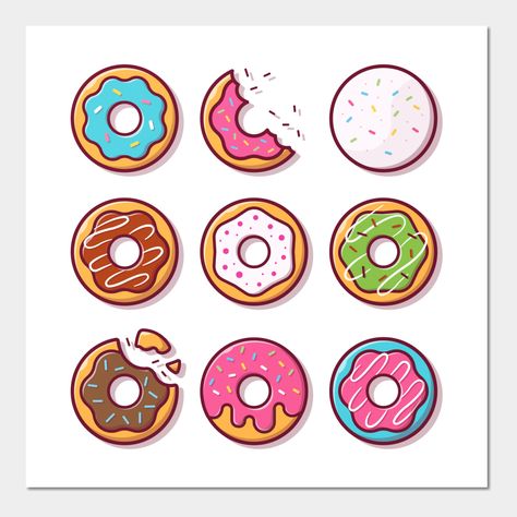 Doughnut Donuts Collection Cartoon -- Choose from our vast selection of art prints and posters to match with your desired size to make the perfect print or poster. Pick your favorite: Movies, TV Shows, Art, and so much more! Available in mini, small, medium, large, and extra-large depending on the design. For men, women, and children. Perfect for decoration. Donut Cartoon, Sprinkles Design, Donut Art, Pink Donuts, Cartoon Posters, Cartoon Wall, Mini Donuts, Cartoon Stickers, Kids Magnets