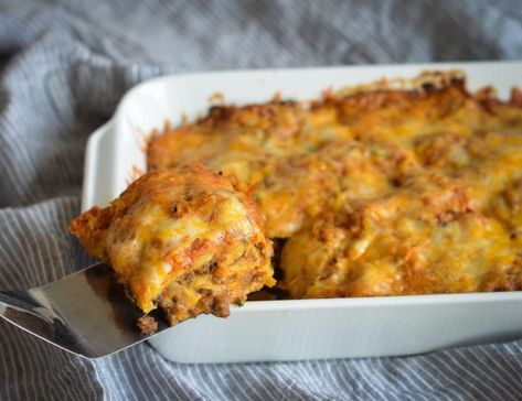 Stacked Beef Enchiladas (AKA Mexican Lasagna) - Once Upon a Chef Stacked Enchiladas, Beef Enchilada, Once Upon A Chef, Mexican Lasagna, Enchilada Recipe, Ceramic Baking Dish, Beef Enchiladas, Enchilada Casserole, Corn Tortillas