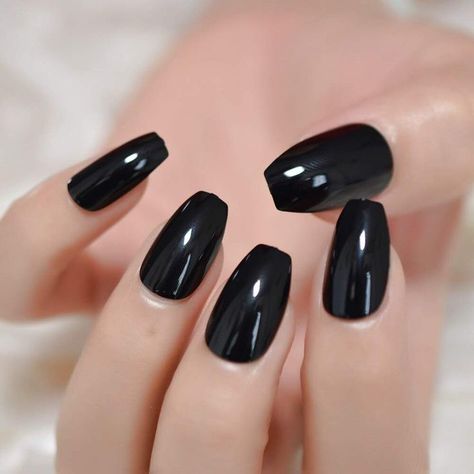 Pure Solid Black Color Ballerina Fake Nail Tips Nails Color Black, Long Nail Beds, Black Press On Nails, Ballerina Coffin, Faux Nails, Nail Kits, Wide Nails, Nail Store, Medium Coffin