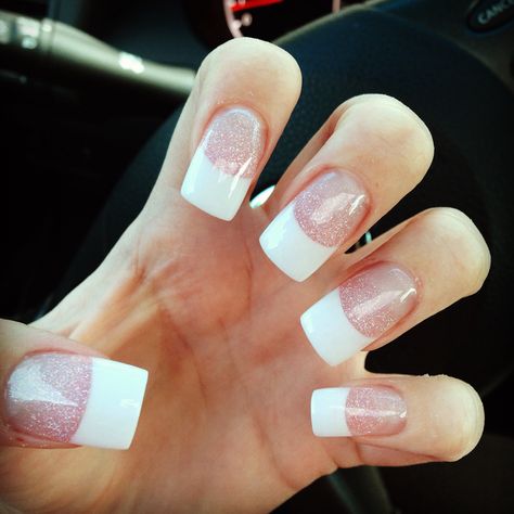 White Sparkly French Tips, Pink And White Solar Nails French, Pink And White Glitter Nails French Tips, Pink Sparkle Nails Acrylic Glitter French Tips, Pink And White Ombre Sparkle Nails, White Sparkle Nails, Solar Nails, White French Tip, Fancy Nails Designs