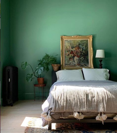 Arsenic Green bedroom walls from farrow & Ball paints. Historic House Renovation, Green Bedroom Walls, Green Bedroom Design, Above Bed Decor, Green Bedroom, Green Walls, Simple Room, Vintage Bedroom, Bedroom Color Schemes