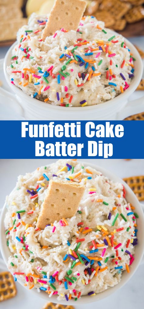 Fluffy cake batter dip is an easy no-bake dessert made from cake mix and brimming with sprinkles. It tastes just like funfetti cake batter! Easy Bday Dessert Ideas, Easy Party Food Dessert, Dollar General Desserts, Funfetti Cake Dip Recipe, Four Sweet Birthday, Dessert Recipes Dips, Funfetti Dip With Cream Cheese, Dessert For Birthday Party, Cake Batter Dip Funfetti