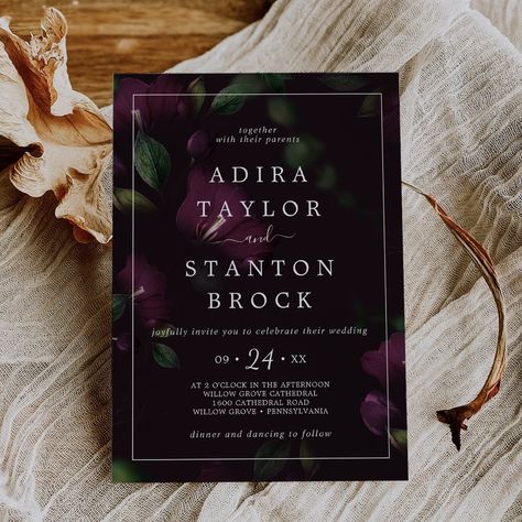 Invitations Aesthetic, Fat Goth, Dark Weddings, Moody Purple, Dark Wedding Theme, Summer Wedding Invitations, Spring Wedding Invitations, Pattern Wedding, Purple Wedding Invitations