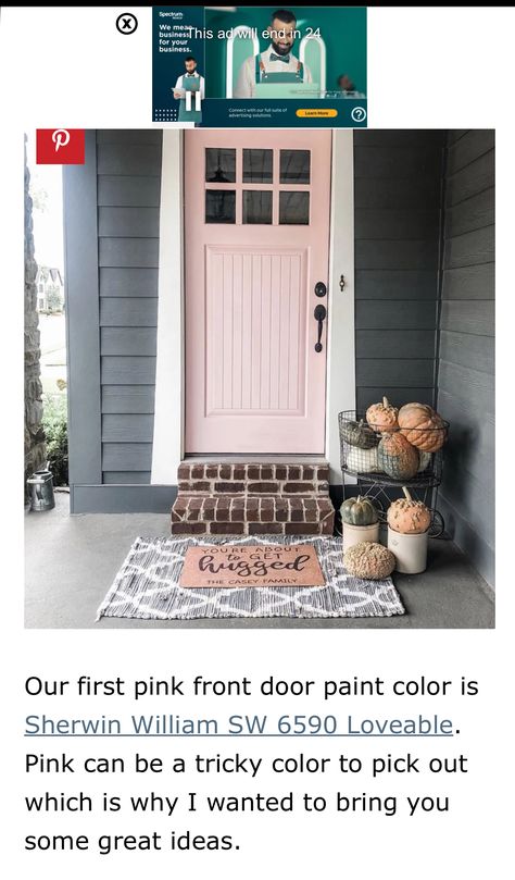 Pink And Gray House Exterior, Brown House Pink Door, Pink Garage Door, Light Pink Front Door, Front Door Pink, Blush Pink Bedroom, Pink Front Door, Gray House Exterior, Green Shutters