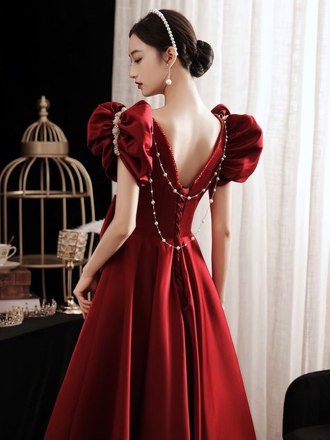 2 styles Burgundy satin Bridesmaid dresses. : Estimated Delivery Time: USA 10-25 Days (standard shipping) ; Asia & Europe 5-15 days , Worldwide 15-30 Days. : Processing time 15-20 business days after payment Puff Sleeves Gown, Fairy Prom Dress, Princess Bridesmaid Dress, Knee Length Wedding Dress, Satin Gowns, Fairy Wedding Dress, Fairy Wedding, Bridal Bridesmaid Dresses, Red Evening Dress