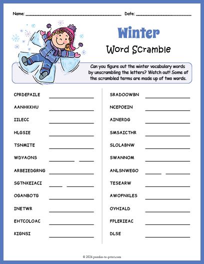 How many vocabulary words can you unjumble in this entertaining winter word scramble? Winter Crossword Puzzle Free Printable, Holiday Word Scramble, Christmas Word Scramble Free Printable, Bible Word Scramble, Word Unscramble, Cross Word, Puzzle Worksheet, Homeschool Fun, Holiday Words