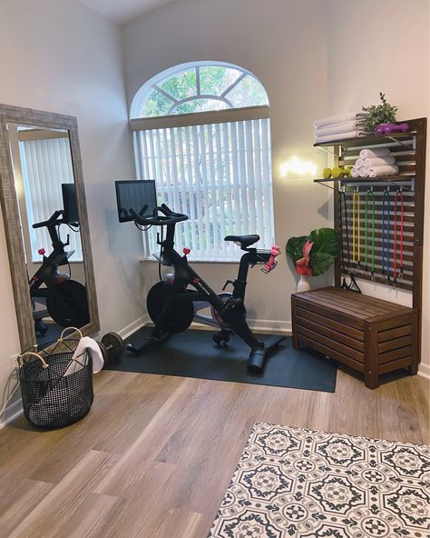 Office And Peloton Room Combo, Home Spin Bike Room, Peloton In Office, Guest Bedroom Home Gym Combo, Peloton Room Ideas Bedroom, Guest Room Exercise Room Combo, Guest Workout Room Combo, Home Gym Bedroom Combo, Office And Home Gym Combo