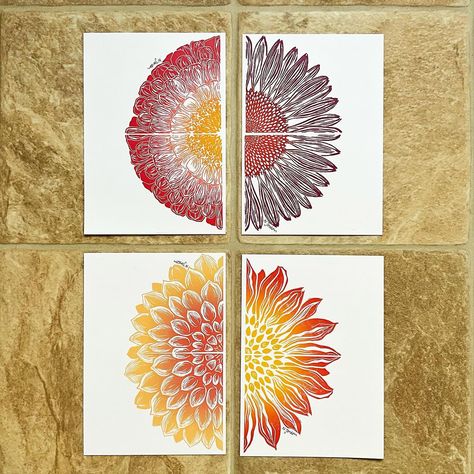 Whilst getting these half flower prints together, I had a bit of fun playing around with combos and imagining some half-and-half flower hybrids 🌻🌸 I think a dal-nnia might be my favourite? … @cranfieldcolours Caligo inks on @handprinteduk paper … #lino #linocut #linocutart #linoprint #linocutprint #linocutprintmaking #linocutprints #linocutflowers #linoflowers #linofloral #linoprints #linoprintmaking #linoprintart #linowallart #wallart #wallartprint #wallartideas #florals #flower #flowerpowe... Dahlia Linocut, Floral Linocut, Flower Linocut, Linocut Cards, Half Flower, Lino Block, Linocut Printmaking, Favourite Flowers, Relief Printing