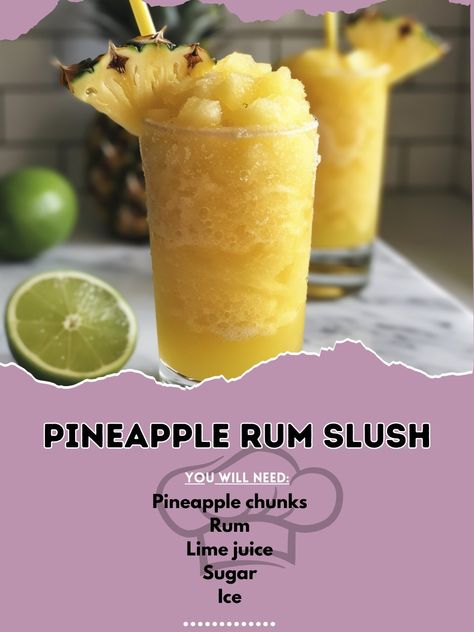 🍍🥶 Cool off with a Pineapple Rum Slush! Refreshing and irresistible! #SlushRush Pineapple Rum Slush Ingredients: Pineapple chunks, frozen Rum Lime juice Sugar Ice Instructions: Blend all ingredients until slushy. Serve in chilled glasses. 🌞🍍 Beat the heat with this frosty tropical treat! Perfect for any outdoor party or a chill day at home. Celebrate summer with #PineappleParadise! Pineapple Rum Slush, Pineapple Chunks, Pineapple Rum, Slushies, Beat The Heat, Outdoor Party, Lime Juice, The Heat, Rum