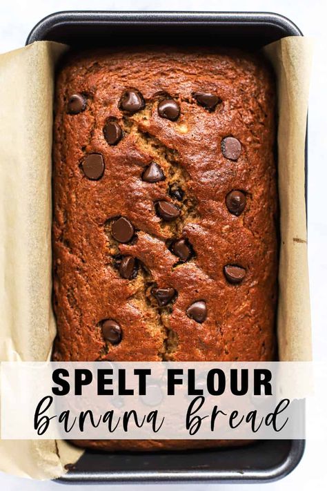 This spelt flour banana bread is 100% naturally sweetened with maple syrup and made with wholesome ingredients! Spelt flour is a nutritious whole grain that bakes up perfectly into this moist and delicious banana bread. Bake a loaf for healthy breakfasts, snacks, or light desserts! #speltflour #healthybananabread #healthybakedgoods #healthydessert #bananabread Spelt Banana Bread, Banana Bread With Walnuts, Spelt Flour Recipes, Spelt Recipes, Spelt Bread, Flours Banana Bread, Banana Bread Recipe Healthy, Wholesome Snacks, Pumpkin Banana