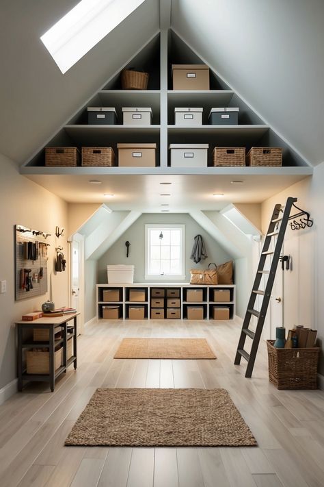 smart storage ideas for attic. attic loft with lots of boxes stored Attic Storage Cabinets, Storage For Slanted Walls, Attic Room Shelves, Attic Shelving Slanted Walls, A Frame Storage Ideas, Loft Organization Ideas, Dormer Closets, Attic Built Ins Slanted Walls, Attic Crawl Space Ideas