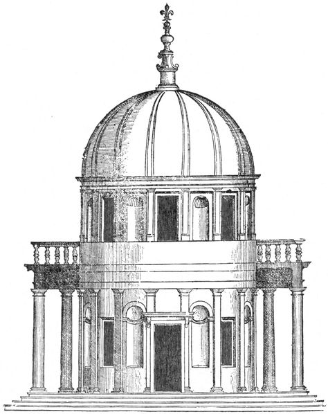 San Pietro in Montorio, from Serlio (Character of Renaissance Architecture), by Charles Herbert Moore. Byzantine Architecture Drawing, Poster Composition, Simple House Drawing, Architecture Europe, Neoclassical House, English Essay, Romanesque Art, Literary Terms, Byzantine Architecture