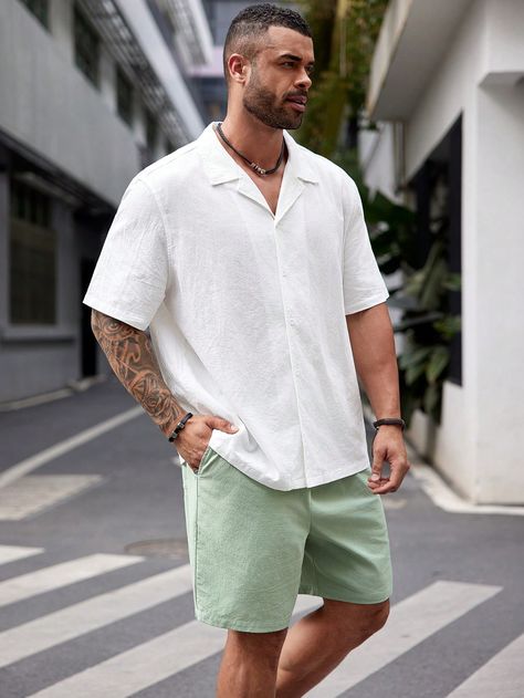 Multicolor Casual Collar   Colorblock,Plain  Embellished Non-Stretch  Men Plus Size Clothing Hot Weather Fashion Men, Big Men’s Style, Casual Mens Summer Outfits, Mens Summer 2024 Outfits, Dad Summer Outfits Men, Big Guy Summer Fashion, Italian Men Style Summer, Pastel Mens Outfits, Over Size Outfit Men