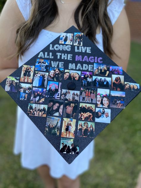 Cap With Pictures On It, Grad Cap Collage Ideas, Grad Cap Designs With Pictures, Grad Cap Ideas With Pictures, Graduation Cap Designs For Best Friends, Grad Hats Ideas, Graduation Caps With Pictures, Country Music Graduation Cap, Graduation Cap Ideas With Pictures