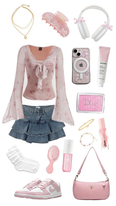 #outfit #pink #pretty Cute Pink Y2k Outfits, Pink And White Fits, Pink Vampire Aesthetic Outfits, Cute Light Pink Outfits, Sims Occult, Pink And Brown Outfits, Monochromatic Outfit Pink, Sanrio Aesthetic Outfits, Pink Cute Outfits