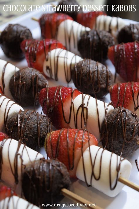 Chocolate Strawberry Dessert Kabobs Recipe | Drugstore Divas Chocolate Strawberry Dessert, Chocolate Strawberry Desserts, Grilled Skewers, Dessert Kabobs, Dessert Skewers, Strawberry Shortcake Dessert, Gluten Free Marshmallows, No Bake Summer Desserts, Delicious Cornbread