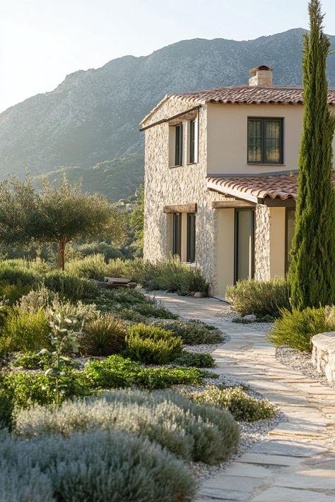 Modern mediterranean cottage with olive grove garden mountain view. Check out all of these charming Greek houses, blending timeless elegance with a splash of Mediterranean flair. Moderterrainian Home, Mediterranean Driveway, Modern Mediterranean Garden, Garden Provence, Mediterranean Cottage, Retreat Home, Greek Garden, Sustainable House Design, Stone Exterior Houses