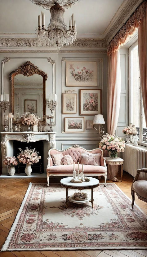 Parisian-style living room with a pink velvet loveseat, ornate fireplace, crystal chandelier, floral artwork, and vintage decor accents. French Lounge Room Ideas, French Chic Apartment, Large Mirror Over Fireplace Living Room, Small French Living Room, Cozy Parisian Living Room, Pink Victorian Room, Pink And Beige Living Room, French Glam Decor, Vintage Parisian Decor