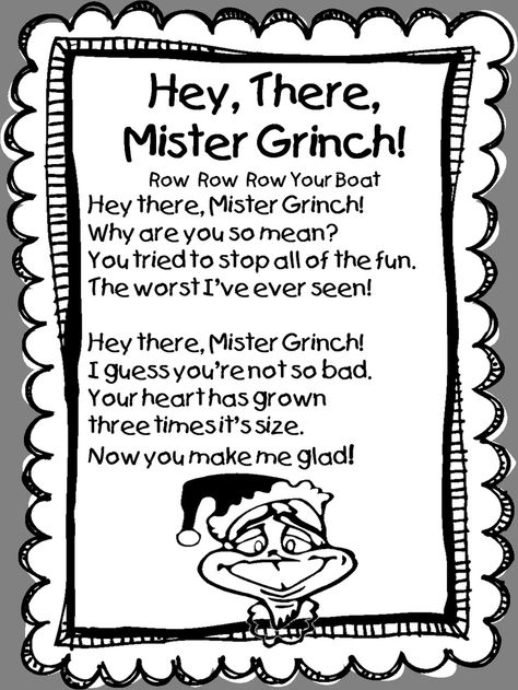 Song, "Hey, There, Mister Grinch" (Tune: "Row, Row, Row Your Boat") by First Grade Wow: Grinch Preschool Activities, Grinch Activities, Grinch Ideas, Row Row Row Your Boat, Kindergarten Christmas, Le Grinch, Christmas Units, Mr Grinch, Row Row Your Boat