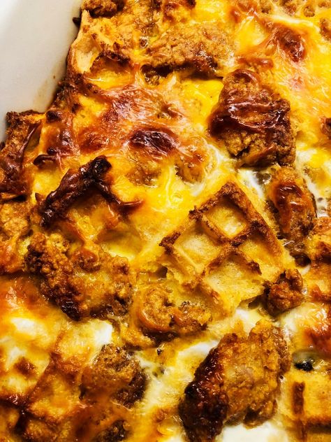 Chicken and Waffle Casserole - Cooks Well With Others Chicken And Waffle Casserole, Waffle Casserole, Spicy Maple Syrup, Baked Popcorn Chicken, Waffle Pizza, Spicy Honey Chicken, Breakfast Waffles, Tailgating Recipes, Popcorn Chicken