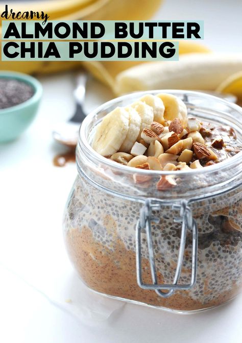 Almond butter chia pudding topped with almonds and banana. If you love almond butter, you'll love this breakfast! Chia Overnight Oats, Chia Recipe, Pane Dolce, Food Texture, Chia Pudding Recipes, Aip Recipes, Chia Seed Pudding, Paleo Breakfast, Chia Pudding