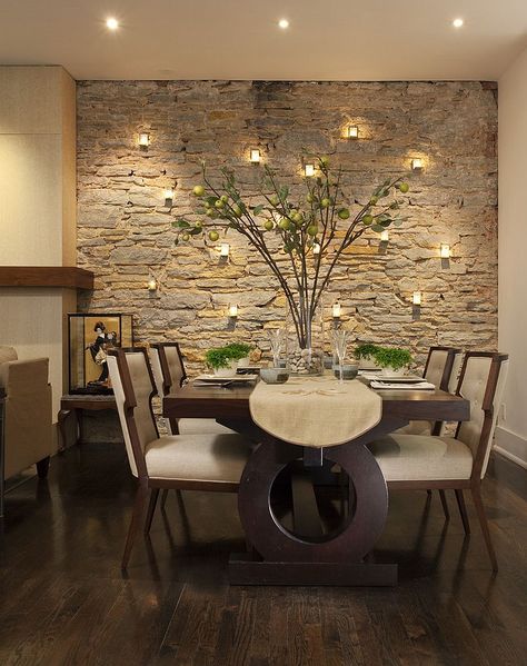 Candles highlight the beauty of the stone wall in the dining room [Design: Charlie & Co. Design] Dining Room Accent Wall, Kitchen Simple, Bedroom Country, Stone Accent Walls, Accent Wall Colors, Room Accent Wall, Dining Room Design Modern, Dining Room Accents, Dining Room Contemporary